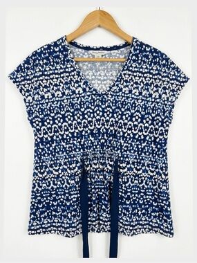 TOMMY BAHAMA Blue White Mosaic Geometric Print Drawstring Waist Top - Size Small